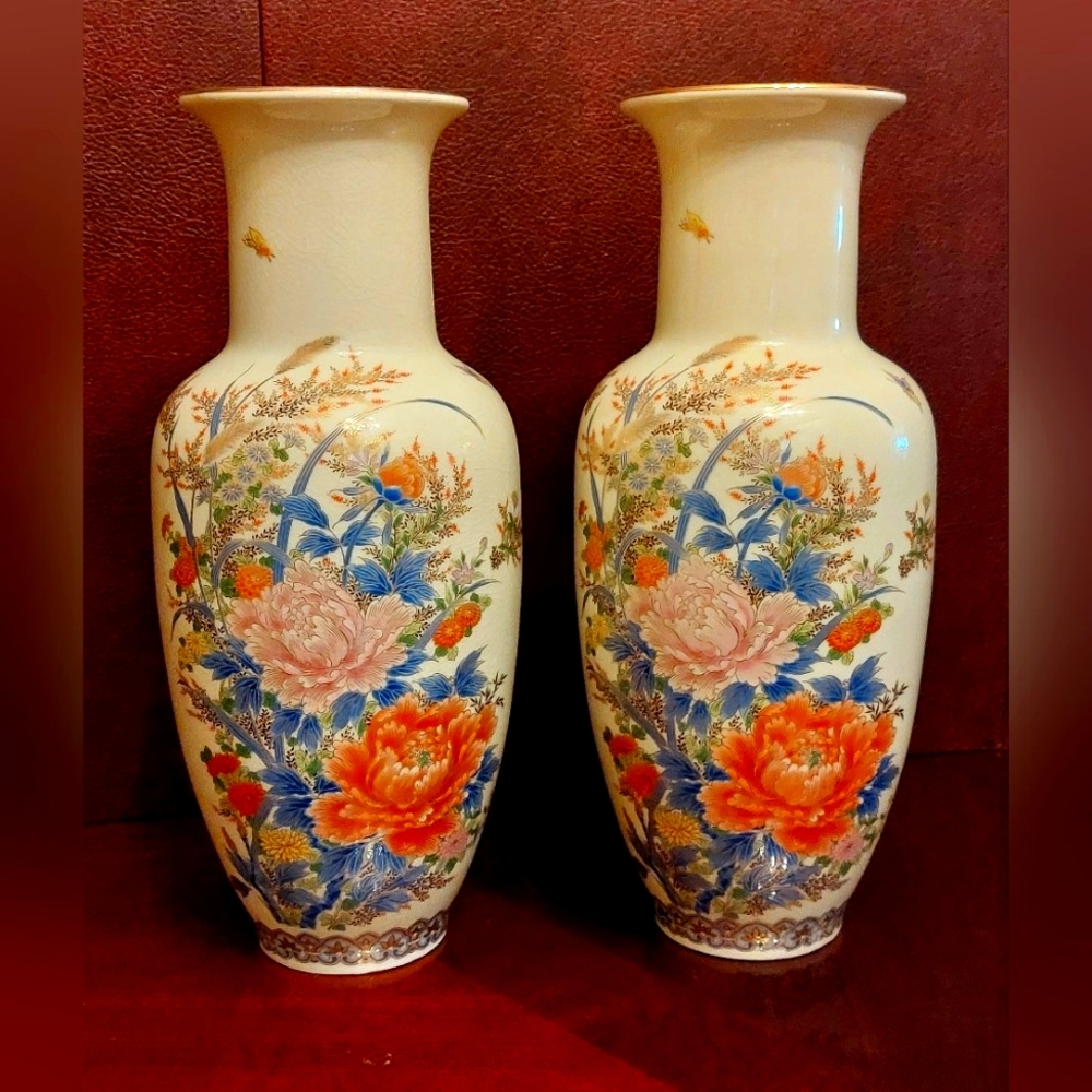 Pair of Vintage Asian Floral Design Vase with authentication mark 12" Height